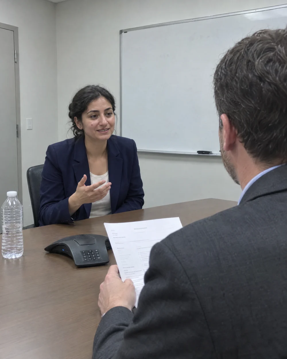 Candidate smiling while answering a question in a job interview