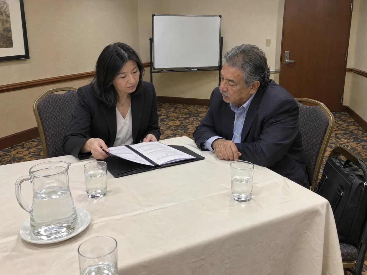 Executive recruiter reviewing a confidential dossier with a chief executive