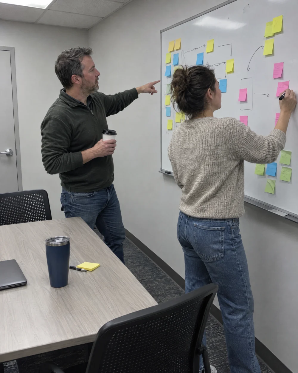 Two recruiters planning a candidate search with sticky notes on a whiteboard