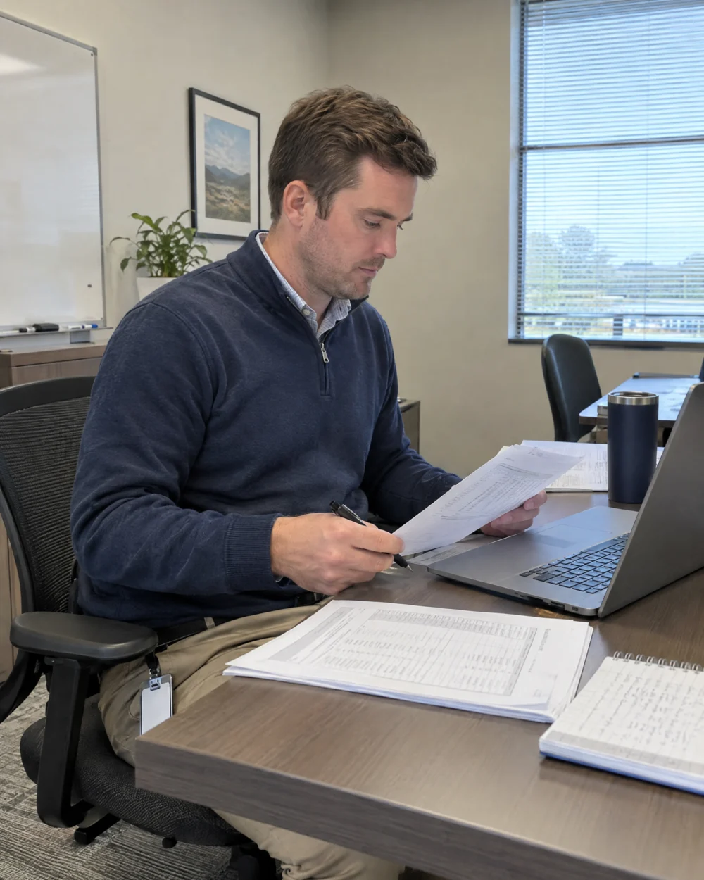 Contract project accountant reconciling figures at a client's desk