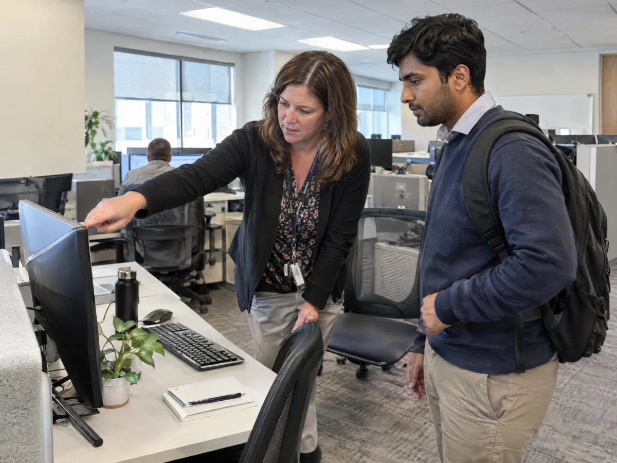 Contract IT specialist being shown his workstation by a team lead on his first morning