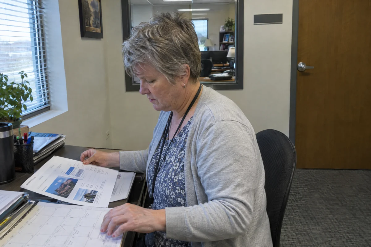 Executive assistant arranging a printed travel itinerary and calendar