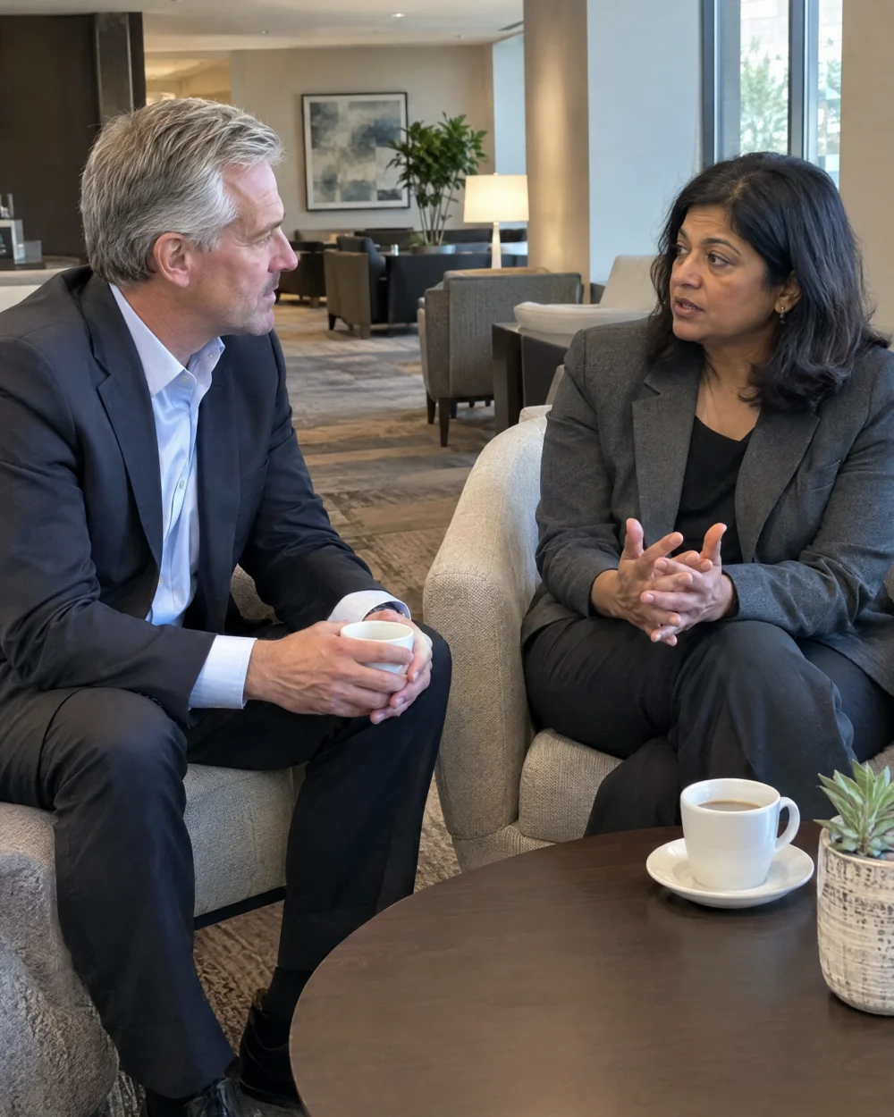 Executive recruiter in a private conversation with a senior executive