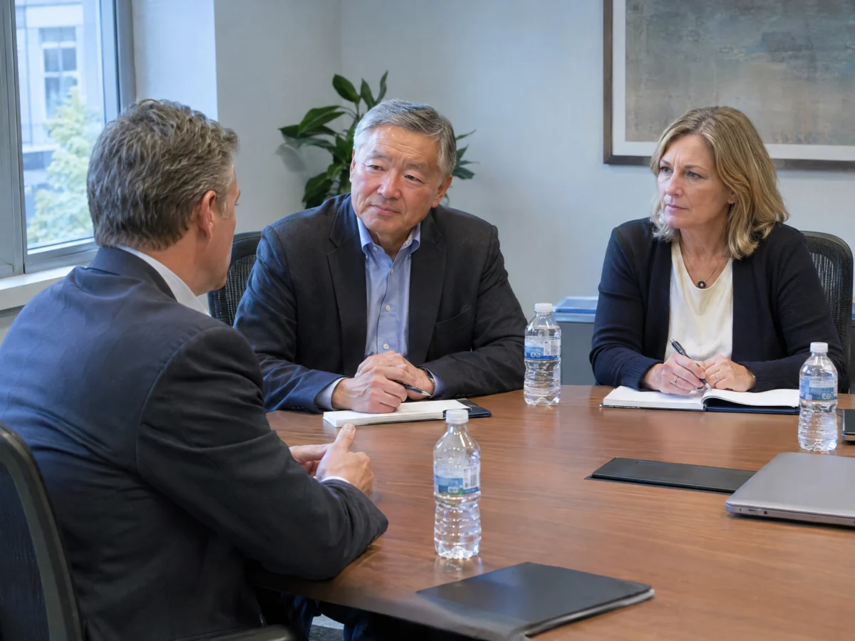 Senior finance executive in an executive search interview with two board members
