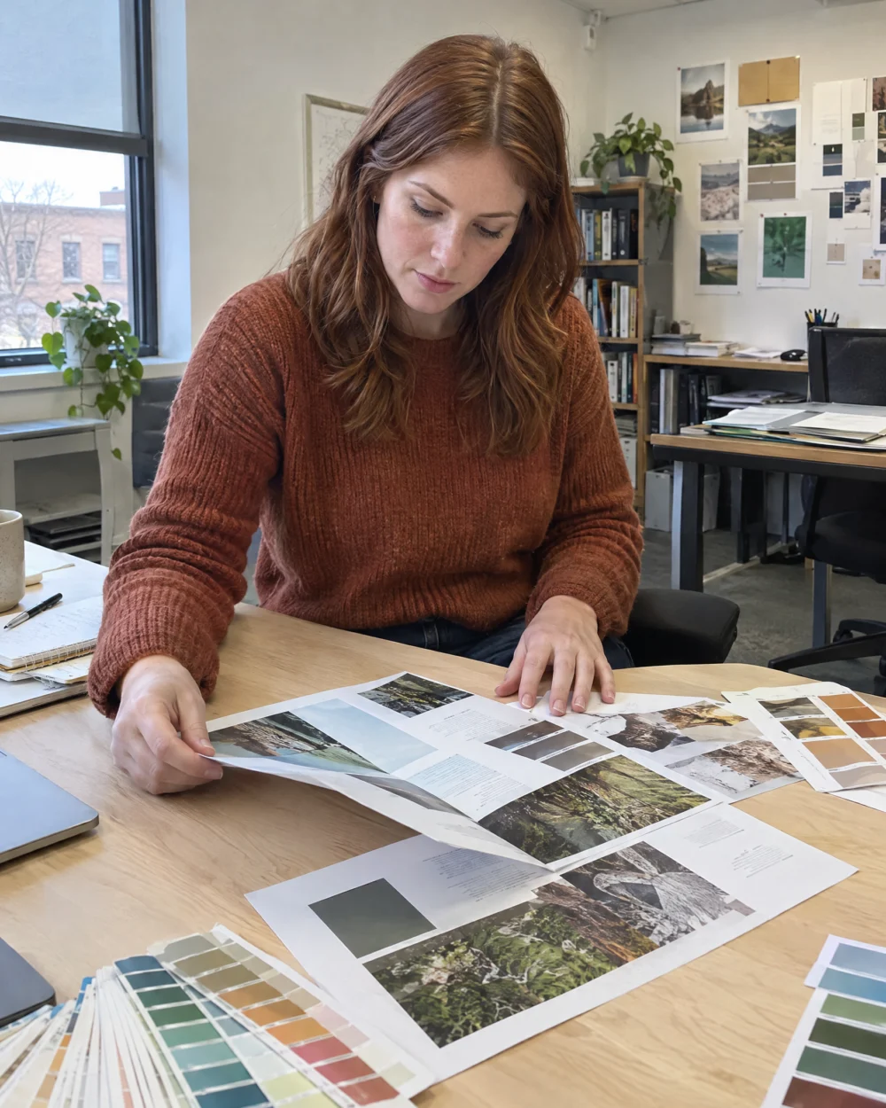Graphic designer laying out brochure proofs and color swatches