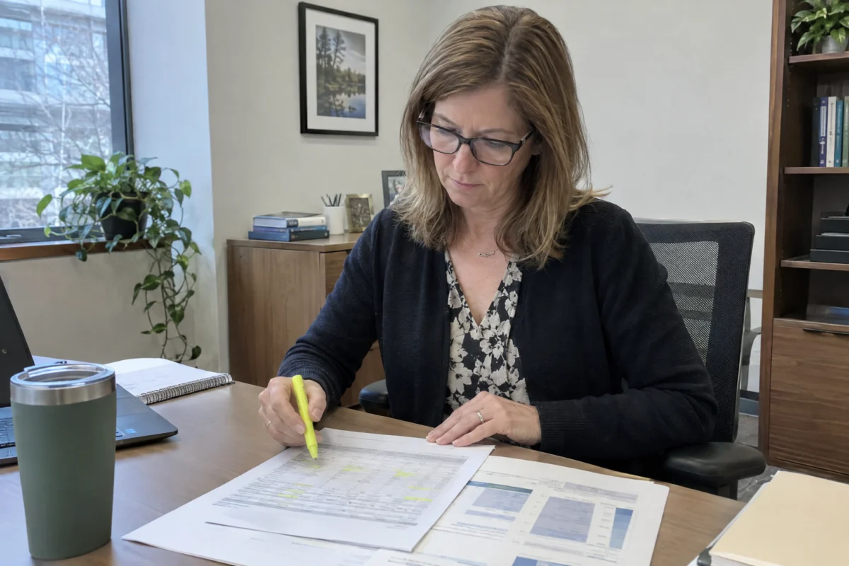 HR director comparing salary ranges in a printed compensation report