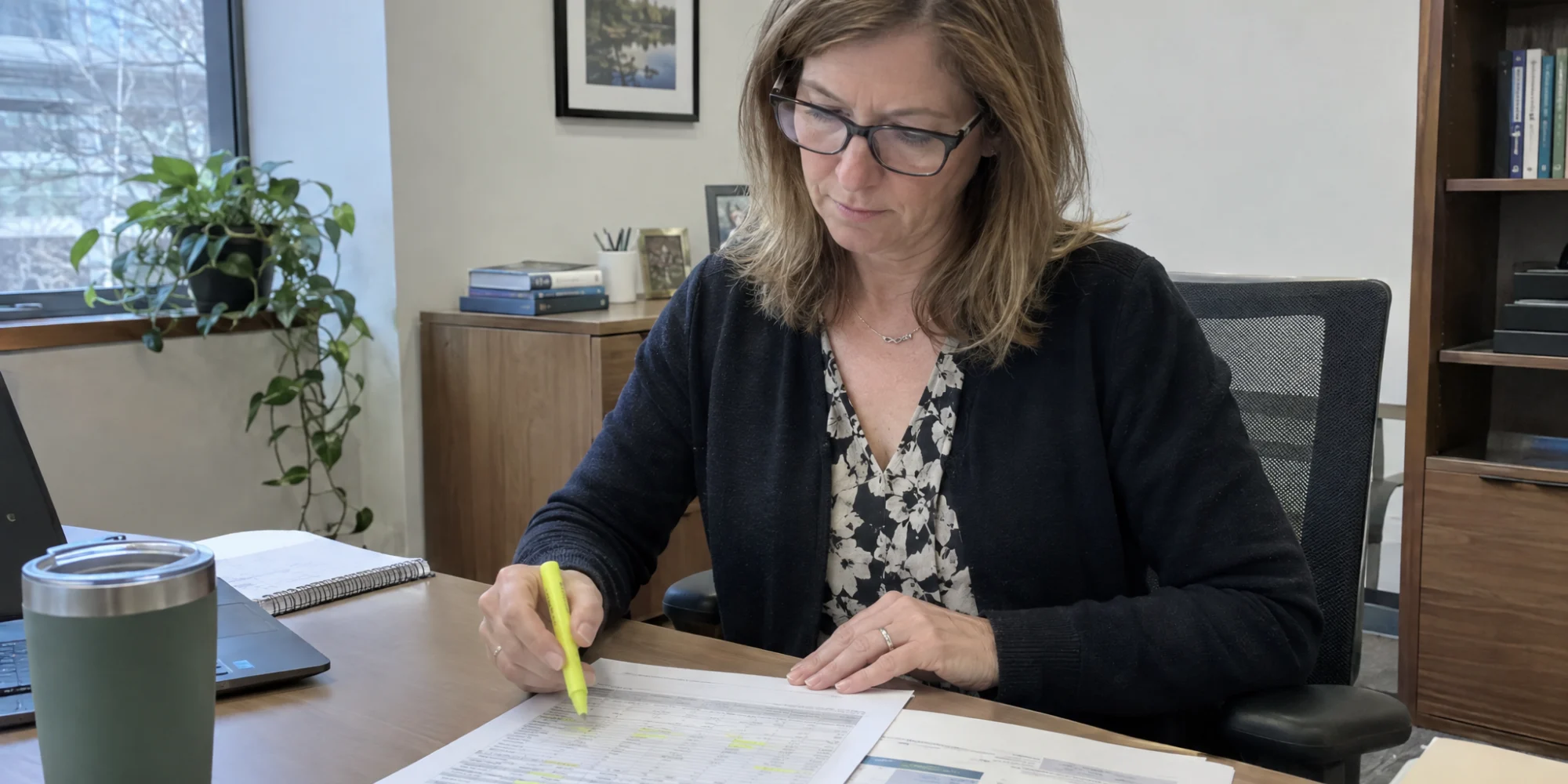 HR director comparing salary ranges in a printed compensation report