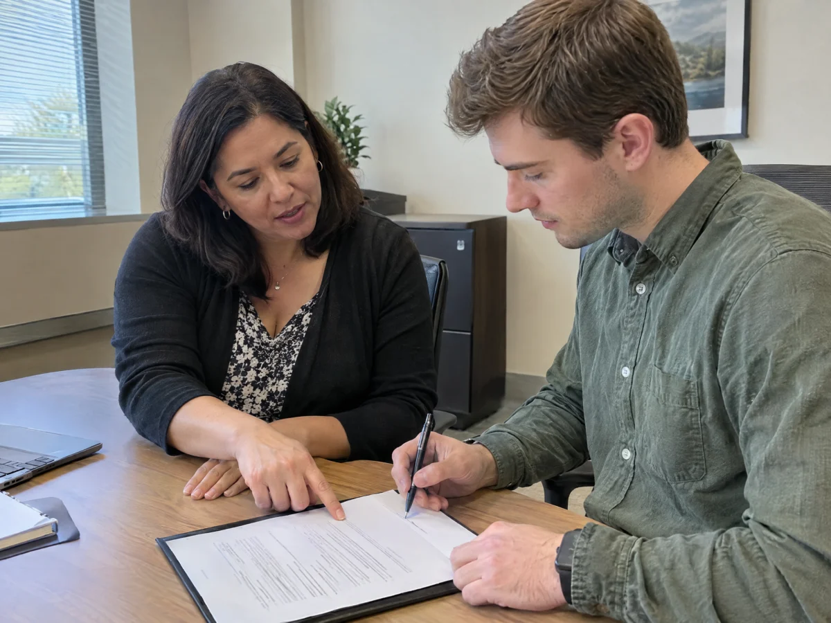 HR manager and a new hire signing offer paperwork