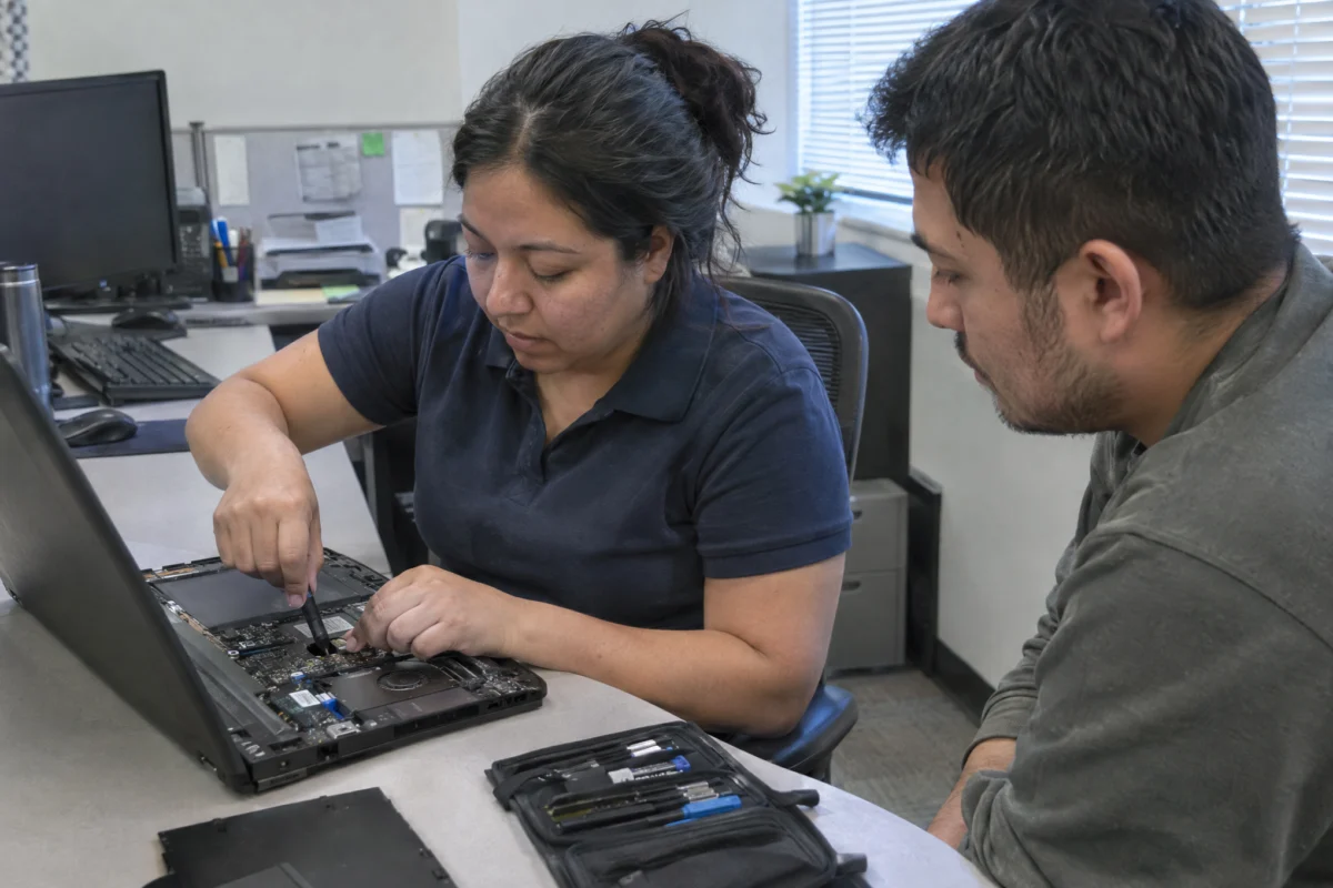 IT help desk technician repairing a colleague's laptop at his desk