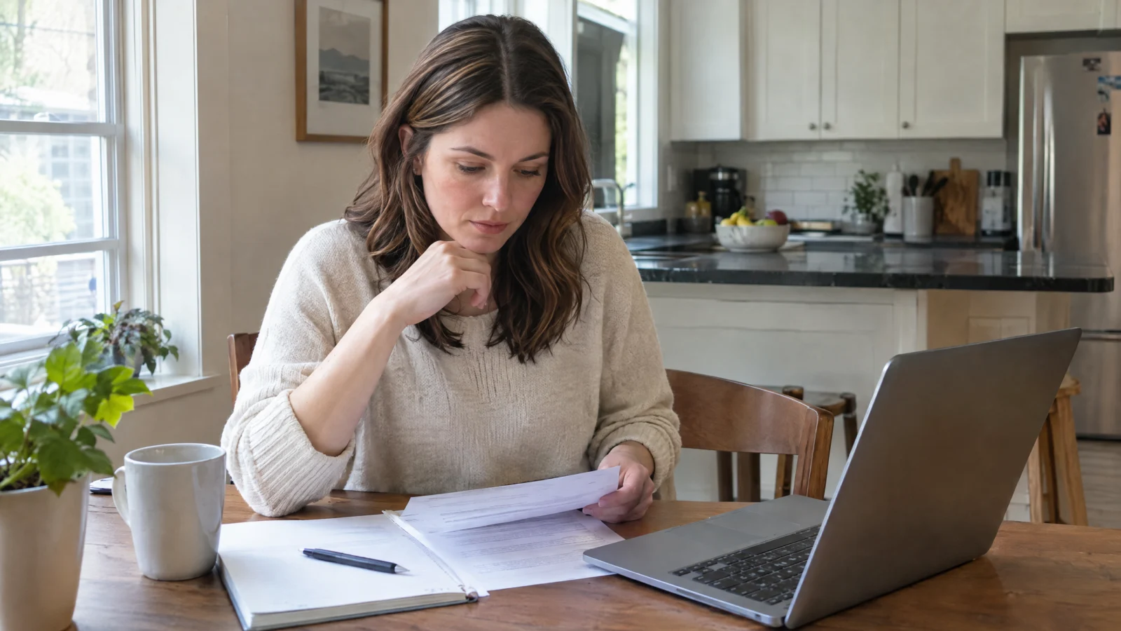 Job seeker preparing for an interview at her kitchen table with her resume and laptop