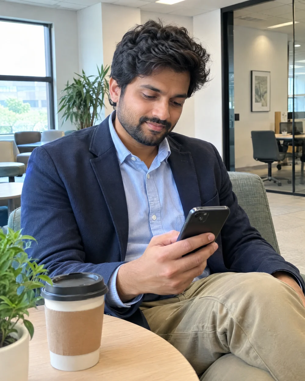 Job seeker reading a job description on his phone in a bright office lobby