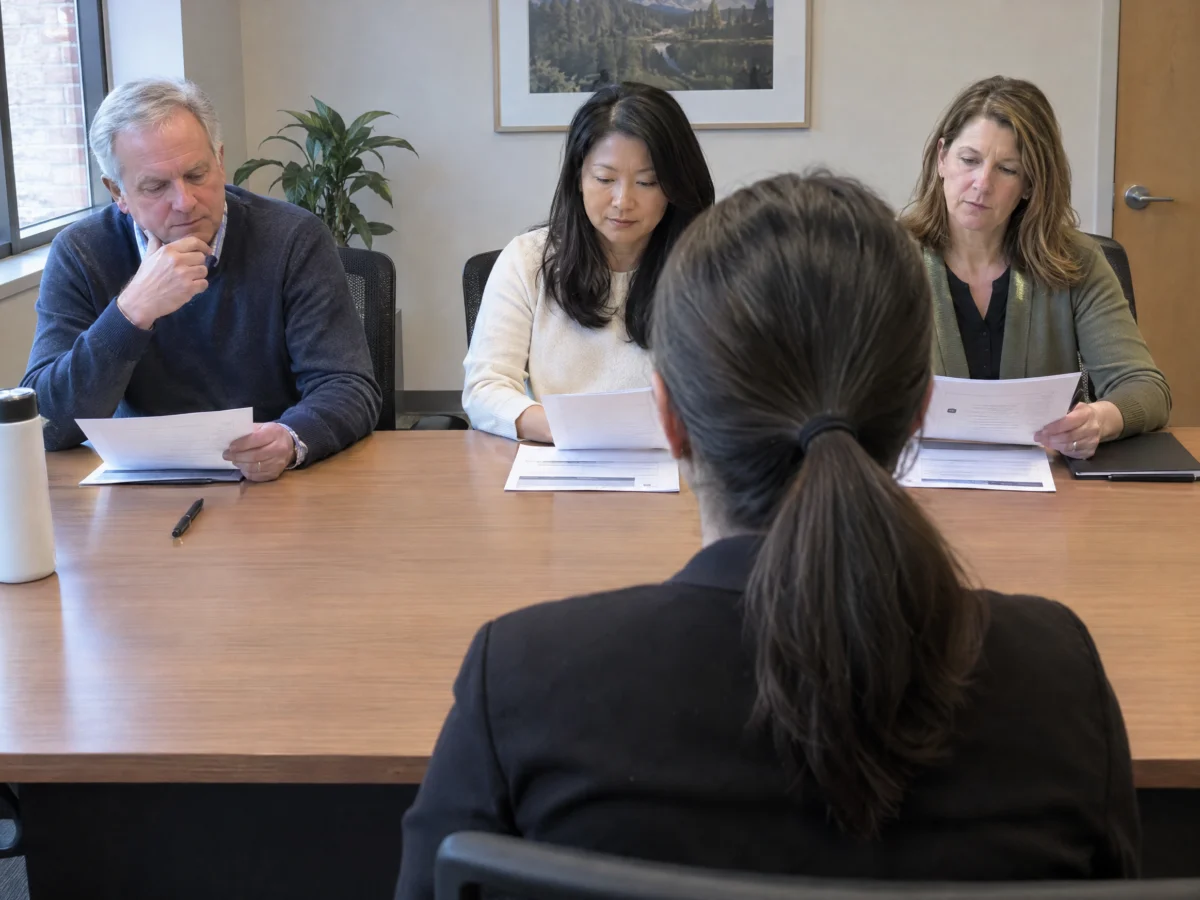 Leadership panel interview with scorecards in a boardroom