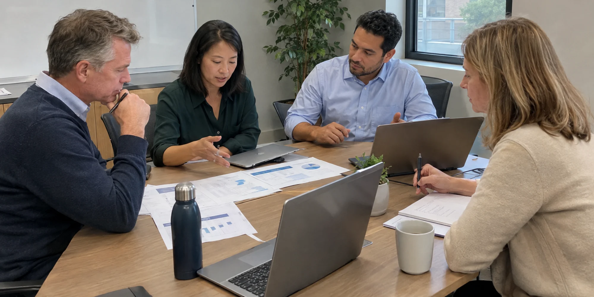 Leadership team planning next quarter's hiring around a conference table