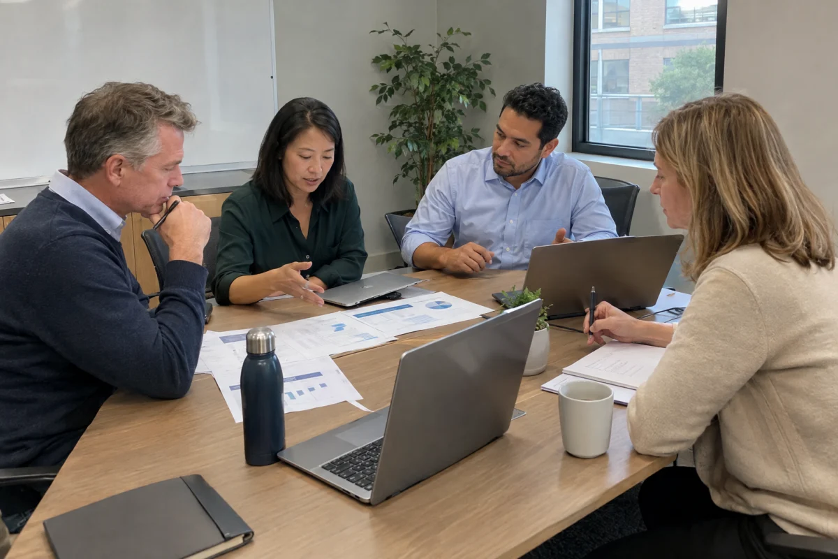 Leadership team planning next quarter's hiring around a conference table