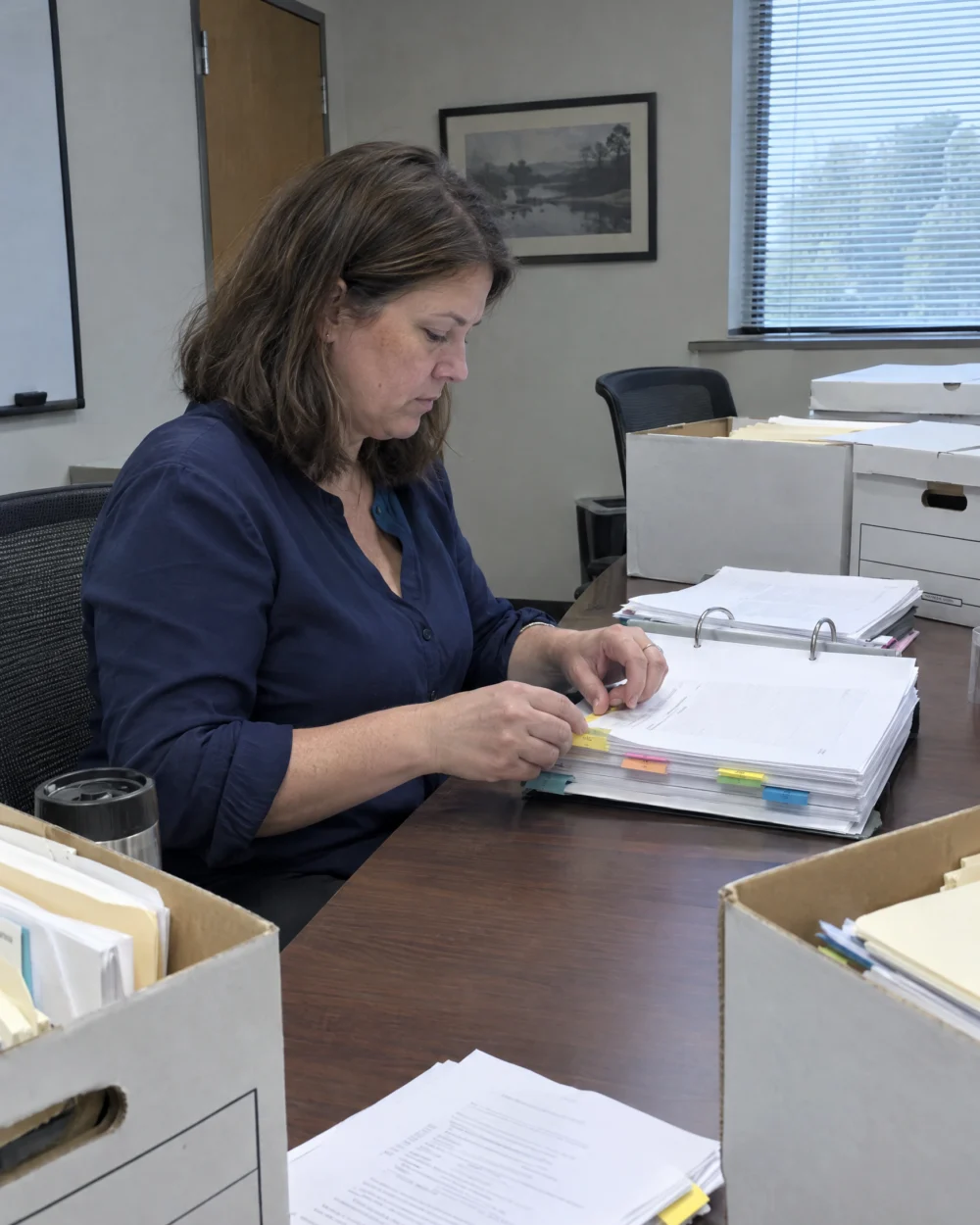 Litigation paralegal tabbing exhibits in a binder beside file boxes