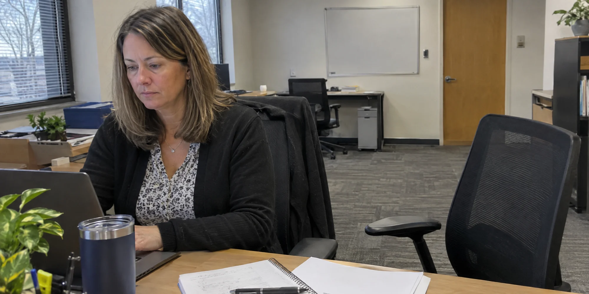 Operations manager still at her desk at the end of the day beside an empty chair
