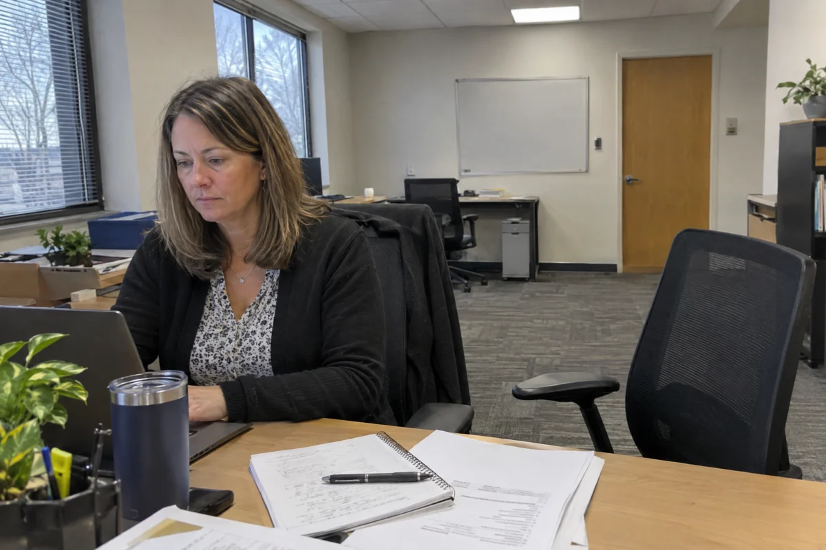 Operations manager still at her desk at the end of the day beside an empty chair after a bad hire