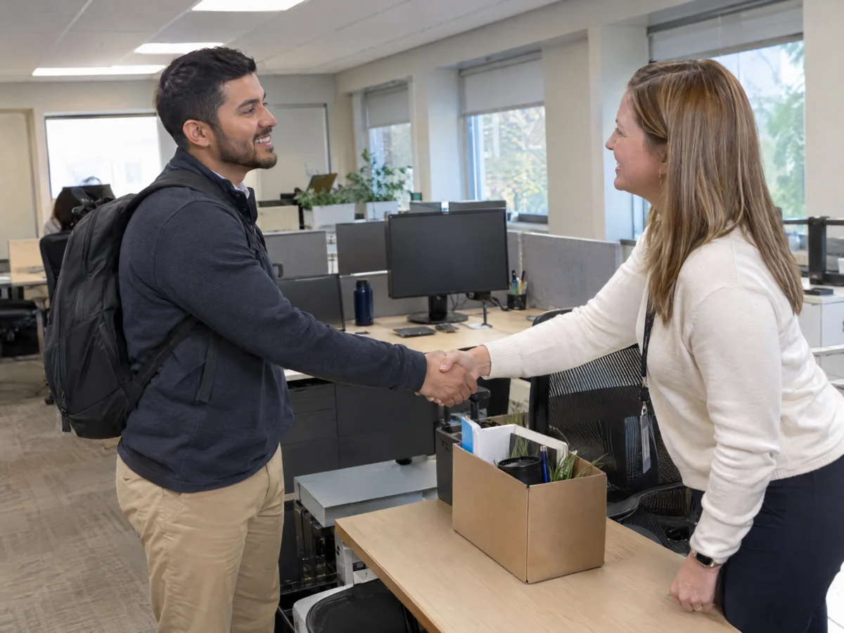 New full-time employee being welcomed by a colleague on his first day