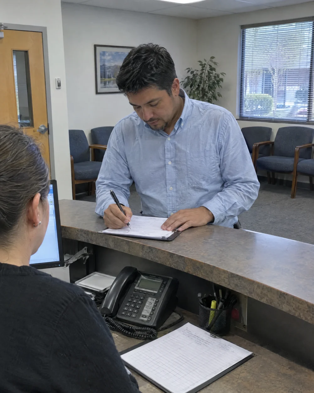 Office manager signing for a delivery at the front reception desk