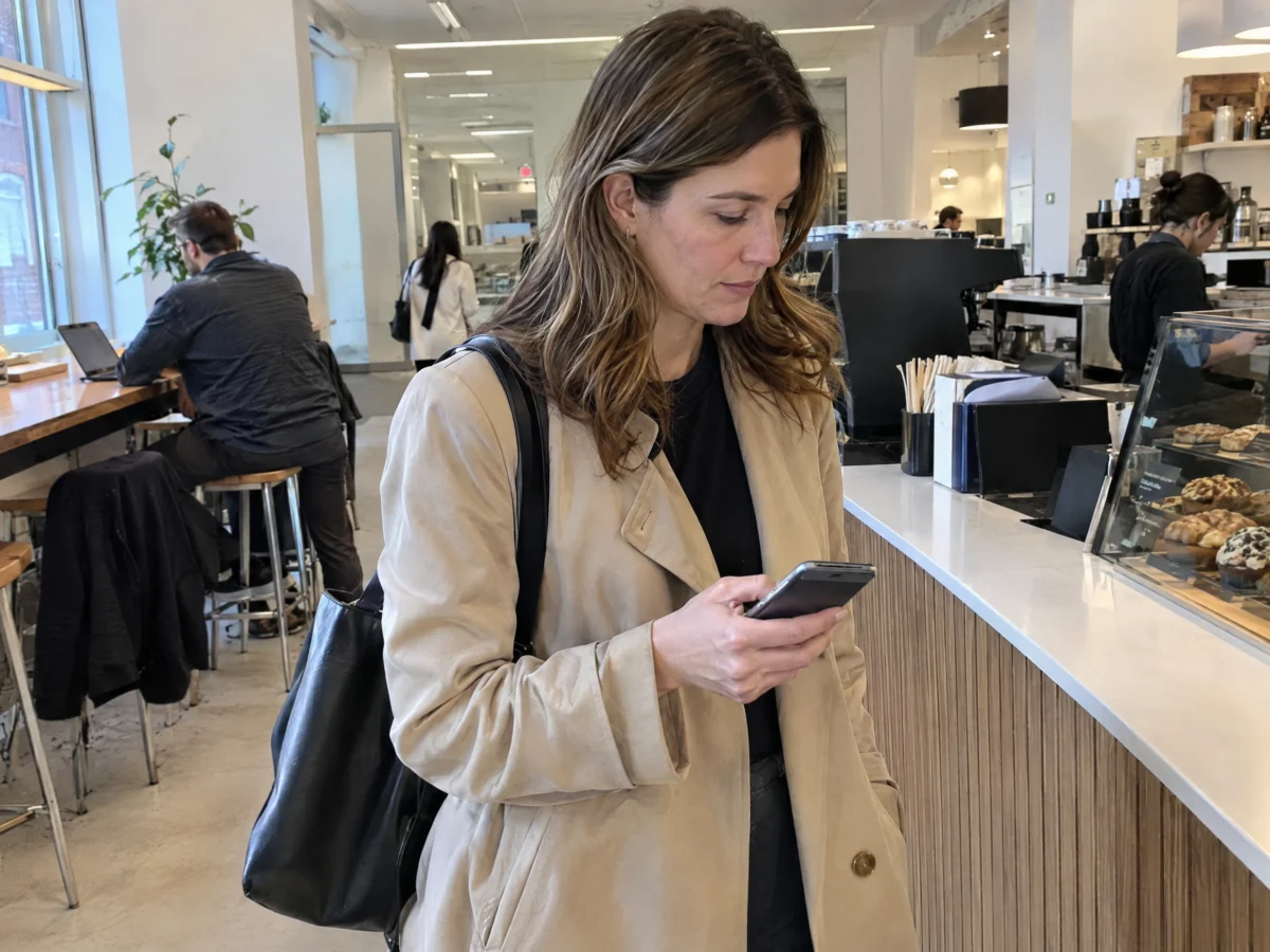 Professional checking a new job alert on her phone at a cafe counter
