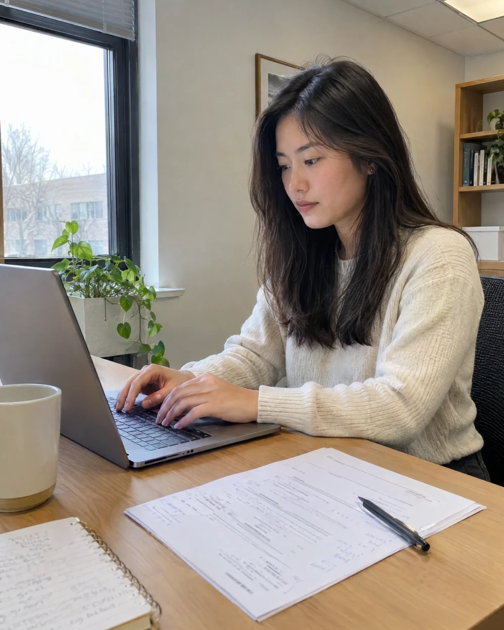 Young professional updating her resume on a laptop at a home desk