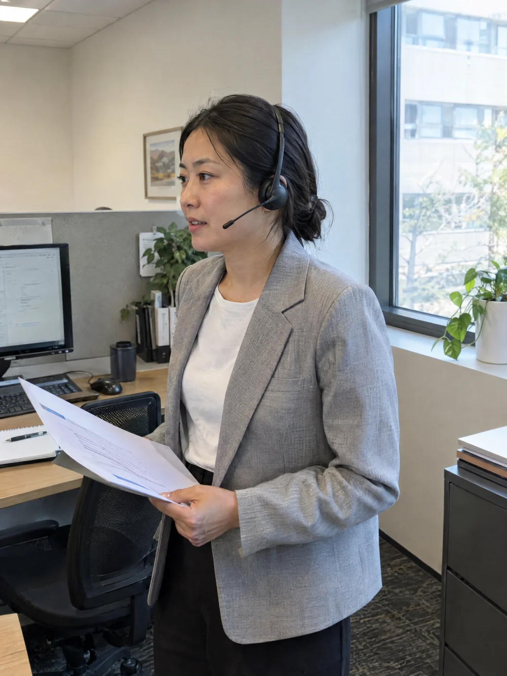 RUS recruiter on a headset call with a hiring manager, holding candidate notes