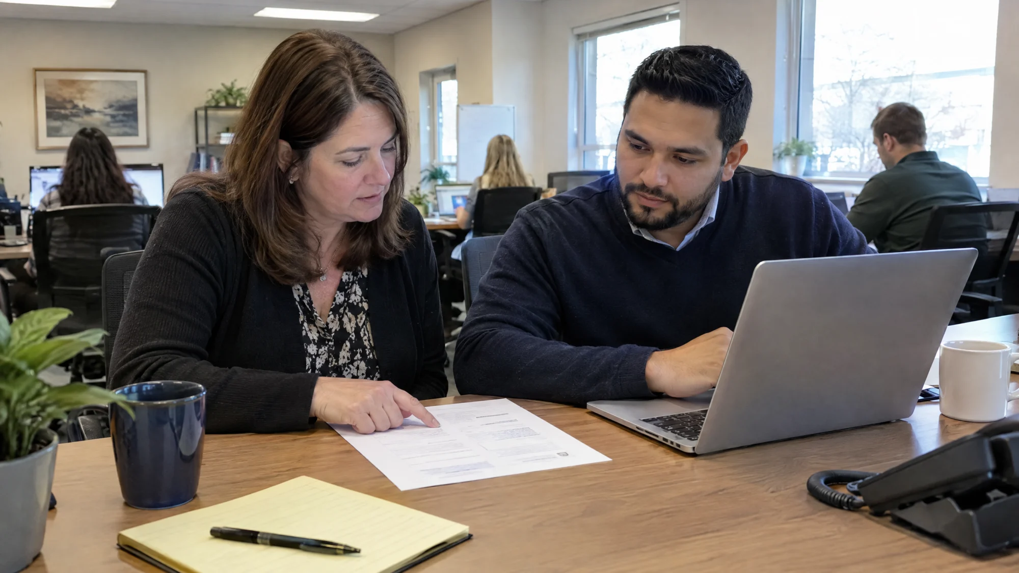 Two RUS recruiters reviewing a candidate's resume together at a shared desk