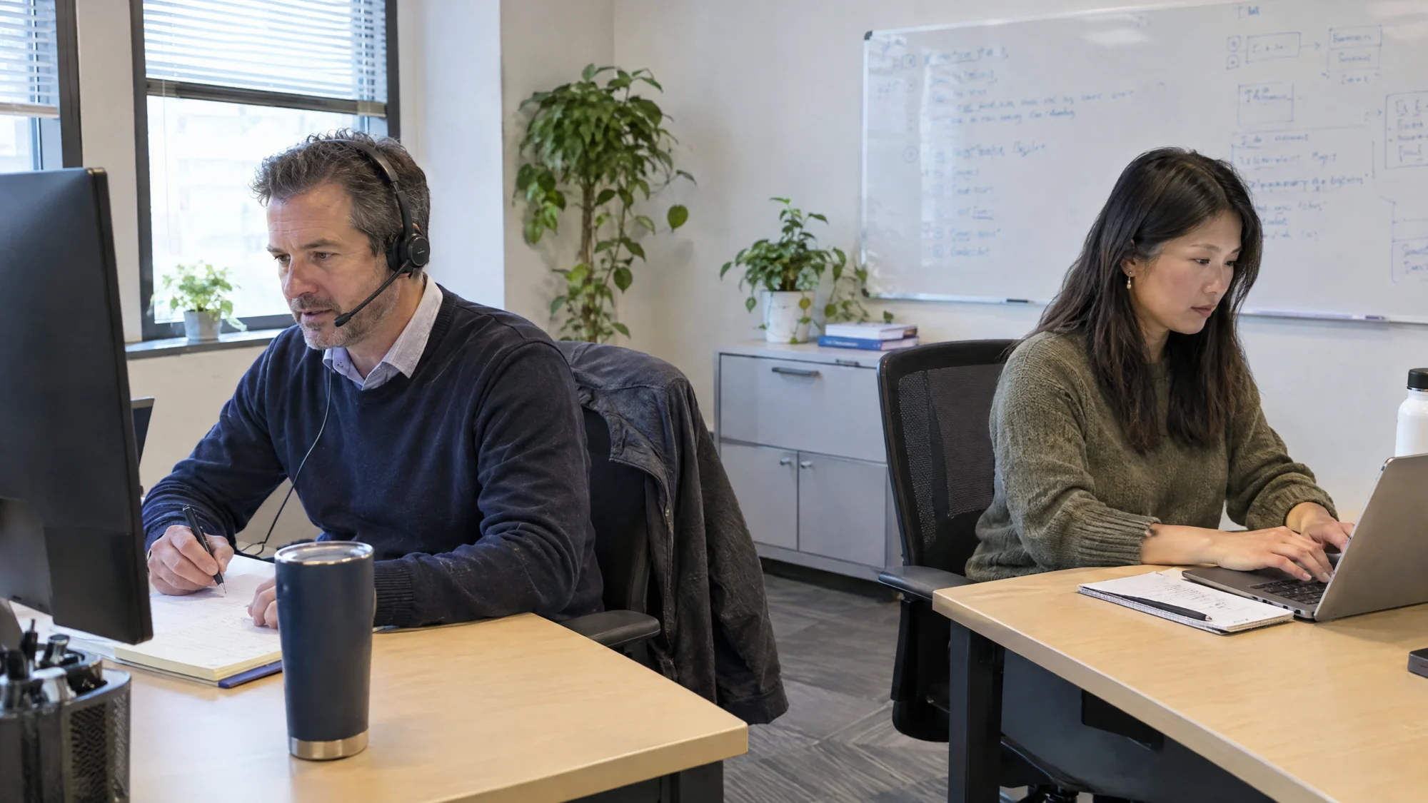 Two RUS recruiters answering calls and emails at their desks