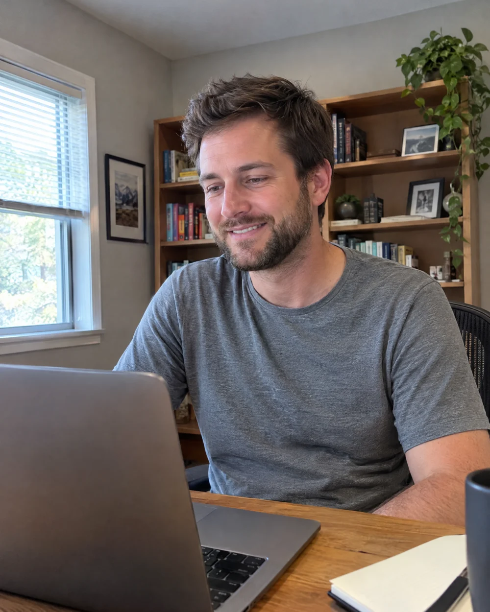 Remote employee smiling during a team video call from his home office