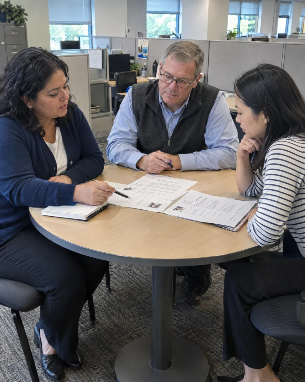 Three specialist recruiters discussing printed candidate notes at a small office table