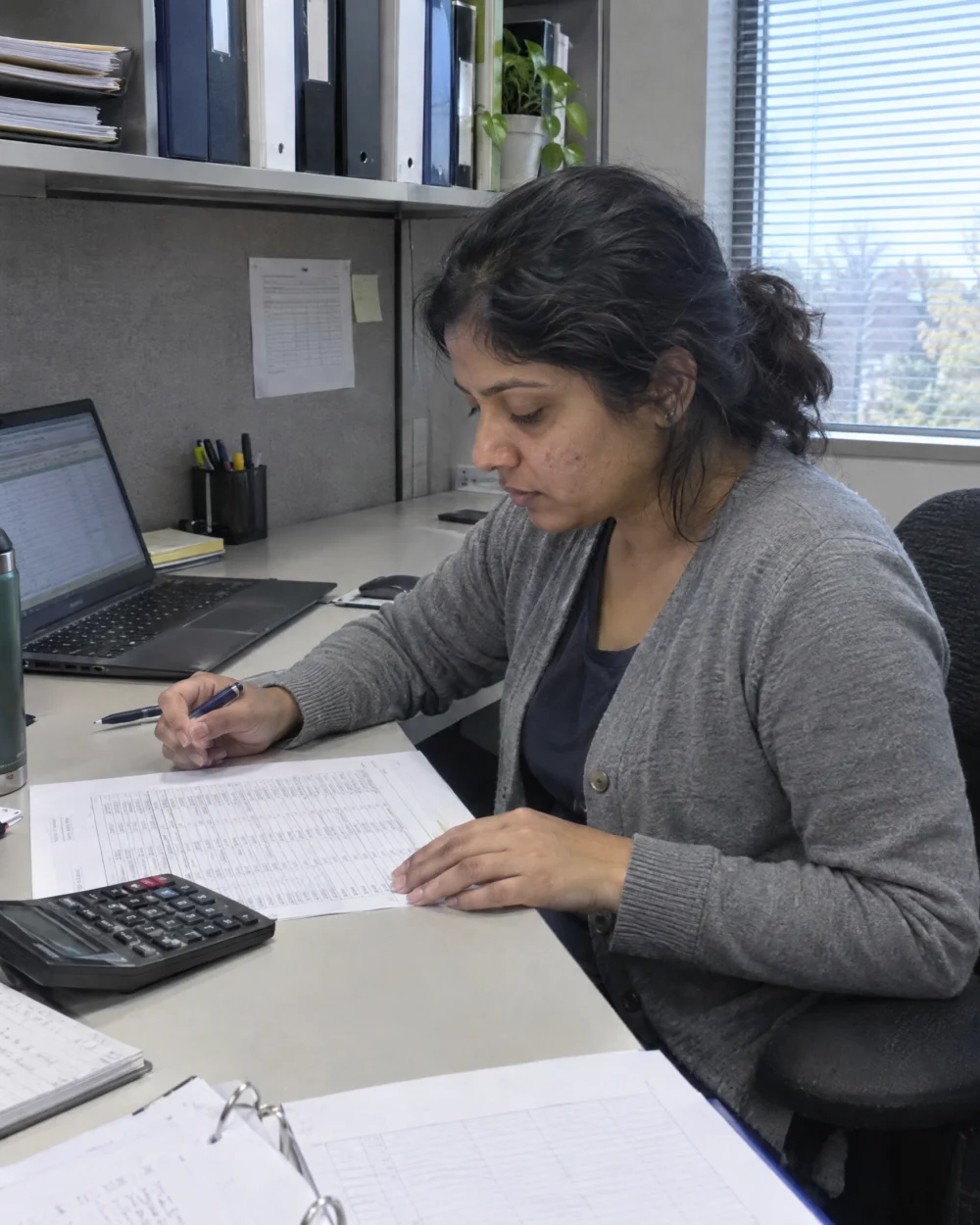Staff accountant working through a month-end reconciliation at her desk