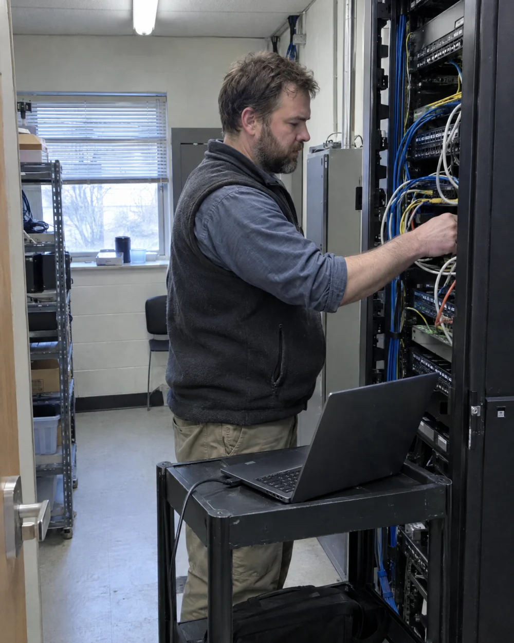 Systems administrator checking network cabling in a server closet