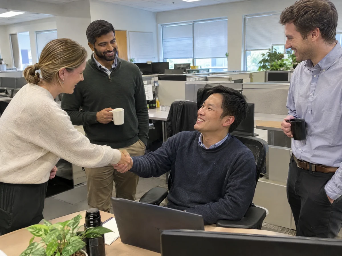 Team congratulating a colleague at his desk