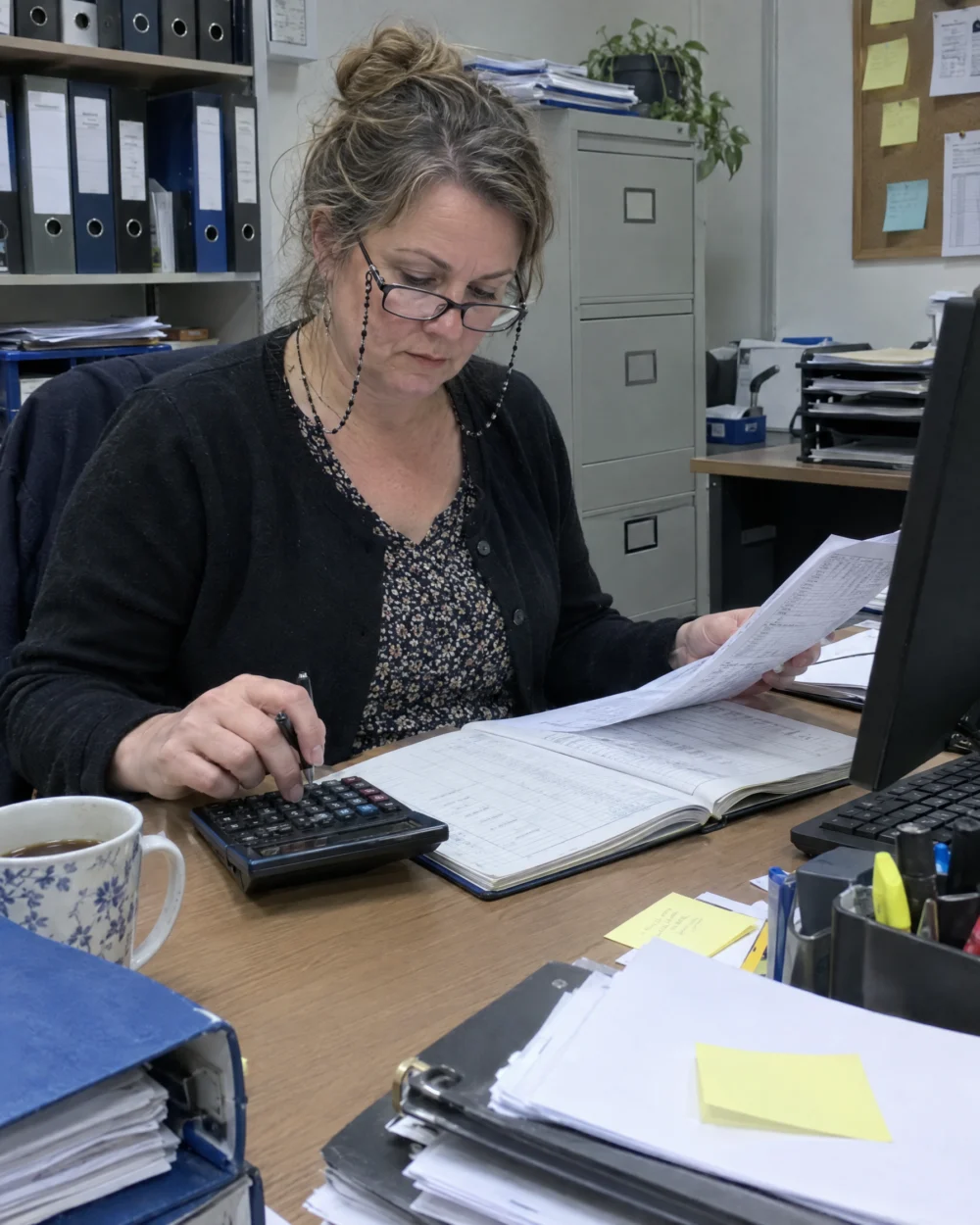 Senior accountant reconciling accounts with a calculator and printed ledger at her desk