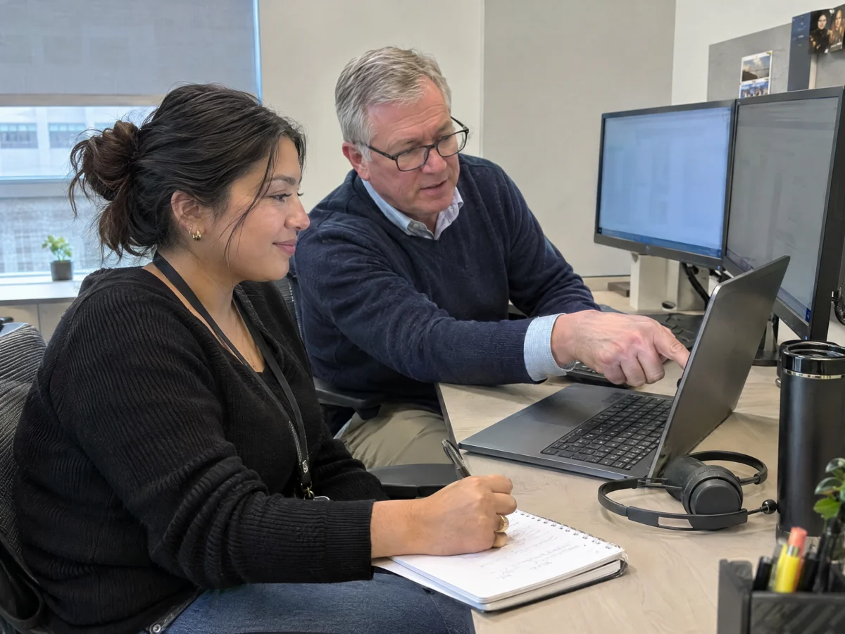 Senior RUS recruiter coaching a junior recruiter through a candidate search at her desk